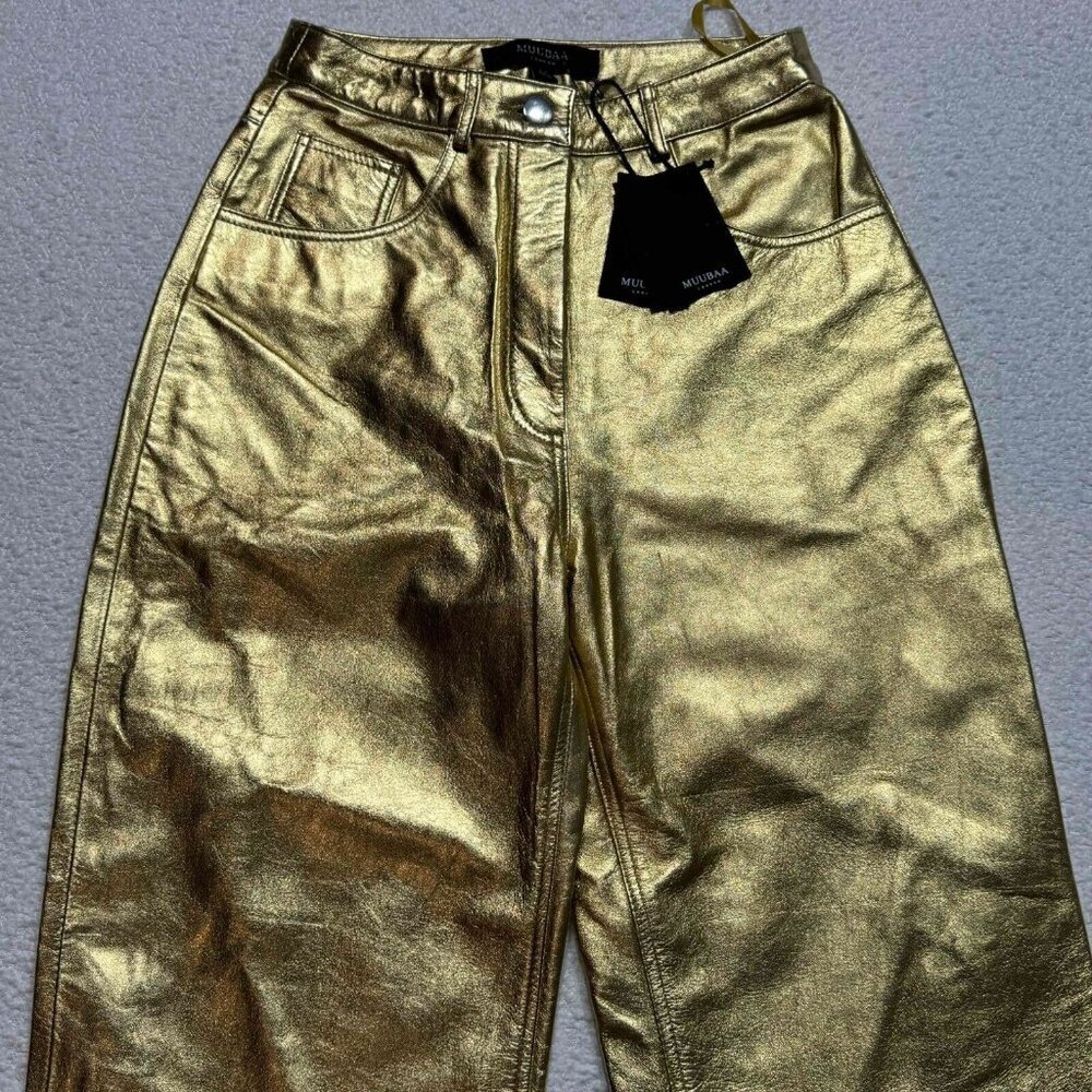 Muubaa London Amy Straight Sheep Leather Jeans 5-Pocket Gold Metallic Size‎ US 0 - Picture 2 of 15